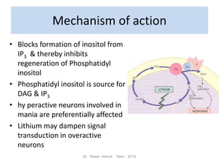 Mechanism of action
Dr Naser Ashraf Tadvi 2016
• Blocks formation of inositol from
IP3 & thereby inhibits
regeneration of Phosphatidyl
inositol
• Phosphatidyl inositol is source for
DAG & IP3
• hy peractive neurons involved in
mania are preferentially affected
• Lithium may dampen signal
transduction in overactive
neurons