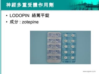 神經多重受體作用劑
• LODOPIN 絡篤平錠
• 成分 : zotepine
 