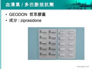 血清素 / 多巴胺拮抗劑
• GEODON 哲思膠囊
• 成分 : ziprasidone
 