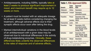 • Antidepressants, including SSRIs, typically take at
least 2 weeks to produce significant improvement in
mood, and maximum benefit may require up to 12
weeks or more.
• A patient must be treated with an adequate dosage
for at least 6 weeks before considering changing the
treatment, although adverse effects due to their
synaptic effects occur soon after taking the drug.
• Marked interindividual variations in the blood levels
of an antidepressant with a given dose may be
observed due to individual differences in the activity
of drug-metabolizing enzymes. Clinically, these
differences likely underlie the observed differences
in the rates of response and of adverse effects..
 