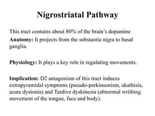 Nigrostriatal Pathway
This tract contains about 80% of the brain’s dopamine
Anatomy: It projects from the substantia nigra to basal
ganglia.
Physiology: It plays a key role in regulating movements.
Implication: D2 antagonism of this tract induces
extrapyramidal symptoms (pseudo-parkinsonism, akathisia,
acute dystonia) and Tardive dyskinesia (abnormal writhing
movement of the tongue, face and body).
 