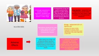 Use in Older Adults:
A thorough assessment is
necessary, because
psychiatric symptoms are
often caused by organic
disease or other drugs.
If antipsychotic drugs are
used to control acute
agitation in older adults,
they should be used in
the lowest effective dose
for the shortest effective
duration
Drug Selection: haloperidol and
fluphenazine may be better
tolerated, but they cause a high
incidence of extrapyramidal
symptoms.
Ziprasidone should not be used
in older adults with cardiac
dysrhythmias or severe
cardiovascular disease.
---- Older adults are at high risk
of adverse effects because
metabolism and excretion are
usually slower or more likely to
be impaired than in younger
adults.
------ adverse effects include
oversedation, dizziness,
confusion, and impaired
mobility, which may contribute
to falls and other injuries unless
clients are carefully monitored
and safeguarded
Dosage: haloperidol 0.25–1.5
mg qd to qid;
•clozapine 6.25 mg qd, initially;
•risperidone 0.5 mg qd, initially;
quetiapine, a lower initial dose, slower
dose titration, and a lower target dose
in older adult
Adverse
Effects
 