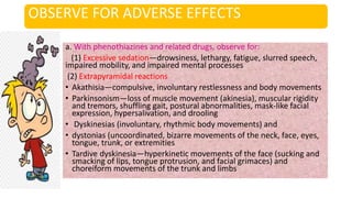 OBSERVE FOR ADVERSE EFFECTS
a. With phenothiazines and related drugs, observe for:
(1) Excessive sedation—drowsiness, lethargy, fatigue, slurred speech,
impaired mobility, and impaired mental processes
(2) Extrapyramidal reactions
• Akathisia—compulsive, involuntary restlessness and body movements
• Parkinsonism—loss of muscle movement (akinesia), muscular rigidity
and tremors, shuffling gait, postural abnormalities, mask-like facial
expression, hypersalivation, and drooling
• Dyskinesias (involuntary, rhythmic body movements) and
• dystonias (uncoordinated, bizarre movements of the neck, face, eyes,
tongue, trunk, or extremities
• Tardive dyskinesia—hyperkinetic movements of the face (sucking and
smacking of lips, tongue protrusion, and facial grimaces) and
choreiform movements of the trunk and limbs
 