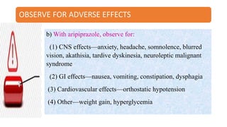 OBSERVE FOR ADVERSE EFFECTS
b) With aripiprazole, observe for:
(1) CNS effects—anxiety, headache, somnolence, blurred
vision, akathisia, tardive dyskinesia, neuroleptic malignant
syndrome
(2) GI effects—nausea, vomiting, constipation, dysphagia
(3) Cardiovascular effects—orthostatic hypotension
(4) Other—weight gain, hyperglycemia
 