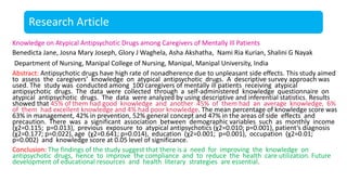 Research Article
Knowledge on Atypical Antipsychotic Drugs among Caregivers of Mentally Ill Patients
Benedicta Jane, Josna Mary Joseph, Glory J Waghela, Asha Akshatha, Nami Ria Kurian, Shalini G Nayak
Department of Nursing, Manipal College of Nursing, Manipal, Manipal University, India
Abstract: Antipsychotic drugs have high rate of nonadherence due to unpleasant side effects. This study aimed
to assess the caregivers’ knowledge on atypical antipsychotic drugs. A descriptive survey approach was
used. The study was conducted among 100 caregivers of mentally ill patients receiving atypical
antipsychotic drugs. The data were collected through a self-administered knowledge questionnaire on
atypical antipsychotic drugs. The data were analyzed by using descriptive and inferential statistics. Results
showed that 45% of them had good knowledge and another 45% of them had an average knowledge, 6%
of them had excellent knowledge and 4% had poor knowledge. The mean percentage of knowledge score was
63% in management, 42% in prevention, 52% general concept and 47% in the areas of side effects and
precaution. There was a significant association between demographic variables such as monthly income
(χ2=0.115; p=0.013), previous exposure to atypical antipsychotics (χ2=0.010; p=0.001), patient’s diagnosis
(χ2=0.177; p=0.022), age (χ2=0.641; p=0.014), education (χ2=0.001; p=0.001), occupation (χ2=0.01;
p=0.002) and knowledge score at 0.05 level of significance.
Conclusion: The findings of the study suggest that there is a need for improving the knowledge on
antipsychotic drugs, hence to improve the compliance and to reduce the health care utilization. Future
development of educational resources and health literary strategies are essential.
 