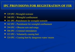 IPC PROVISIONS FFOORR RREEGGIISSTTRRAATTIIOONN OOFF FFIIRR 
 333399 IIPPCC::--WWrroonnggffuull rreessttrraaiinntt 
 334400 IIPPCC::-- WWrroonnggffuull ccoonnffiinneemmeenntt 
 334411 IIPPCC::--PPuunniisshhmmeenntt ffoorr wwrroonnggffuull rreessttrraaiinntt 
 334422 IIPPCC::-- PPuunniisshhmmeenntt ffoorr wwrroonnggffuull ccoonnffiinneemmeenntt 
 229944 IIPPCC::-- OObbsscceennee aaccttss aanndd ssoonnggss.. 
 550066 IIPPCC::-- CCrriimmiinnaall iinnttiimmiiddaattiioonn 
 332233 IIPPCC::-- VVoolluunnttaarriillyy ccaauussiinngg hhuurrtt 
 332244 IIPPCC::-- CCaauussiinngg hhuurrtt bbyy ddaannggeerroouuss wwppnnss// mmeeaannss 
 