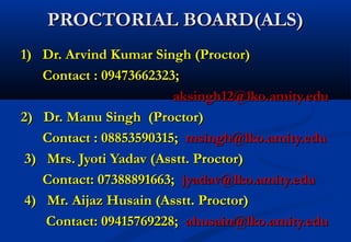 PPRROOCCTTOORRIIAALL BBOOAARRDD((AALLSS)) 
11)) DDrr.. AArrvviinndd KKuummaarr SSiinngghh ((PPrrooccttoorr)) 
CCoonnttaacctt :: 0099447733666622332233;; 
aakkssiinngghh1122@@llkkoo..aammiittyy..eedduu 
22)) DDrr.. MMaannuu SSiinngghh ((PPrrooccttoorr)) 
CCoonnttaacctt :: 0088885533559900331155;; mmssiinngghh@@llkkoo..aammiittyy..eedduu 
33)) MMrrss.. JJyyoottii YYaaddaavv ((AAsssstttt.. PPrrooccttoorr)) 
CCoonnttaacctt:: 0077338888889911666633;; jjyyaaddaavv@@llkkoo..aammiittyy..eedduu 
44)) MMrr.. AAiijjaazz HHuussaaiinn ((AAsssstttt.. PPrrooccttoorr)) 
CCoonnttaacctt:: 0099441155776699222288;; aahhuussaaiinn@@llkkoo..aammiittyy..eedduu 
 