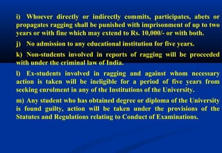 i) Whoever directly or indirectly commits, participates, abets or 
propagates ragging shall be punished with imprisonment of up to two 
years or with fine which may extend to Rs. 10,000/- or with both. 
j) No admission to any educational institution for five years. 
k) Non-students involved in reports of ragging will be proceeded 
with under the criminal law of India. 
l) Ex-students involved in ragging and against whom necessary 
action is taken will be ineligible for a period of five years from 
seeking enrolment in any of the Institutions of the University. 
m) Any student who has obtained degree or diploma of the University 
is found guilty, action will be taken under the provisions of the 
Statutes and Regulations relating to Conduct of Examinations. 
 