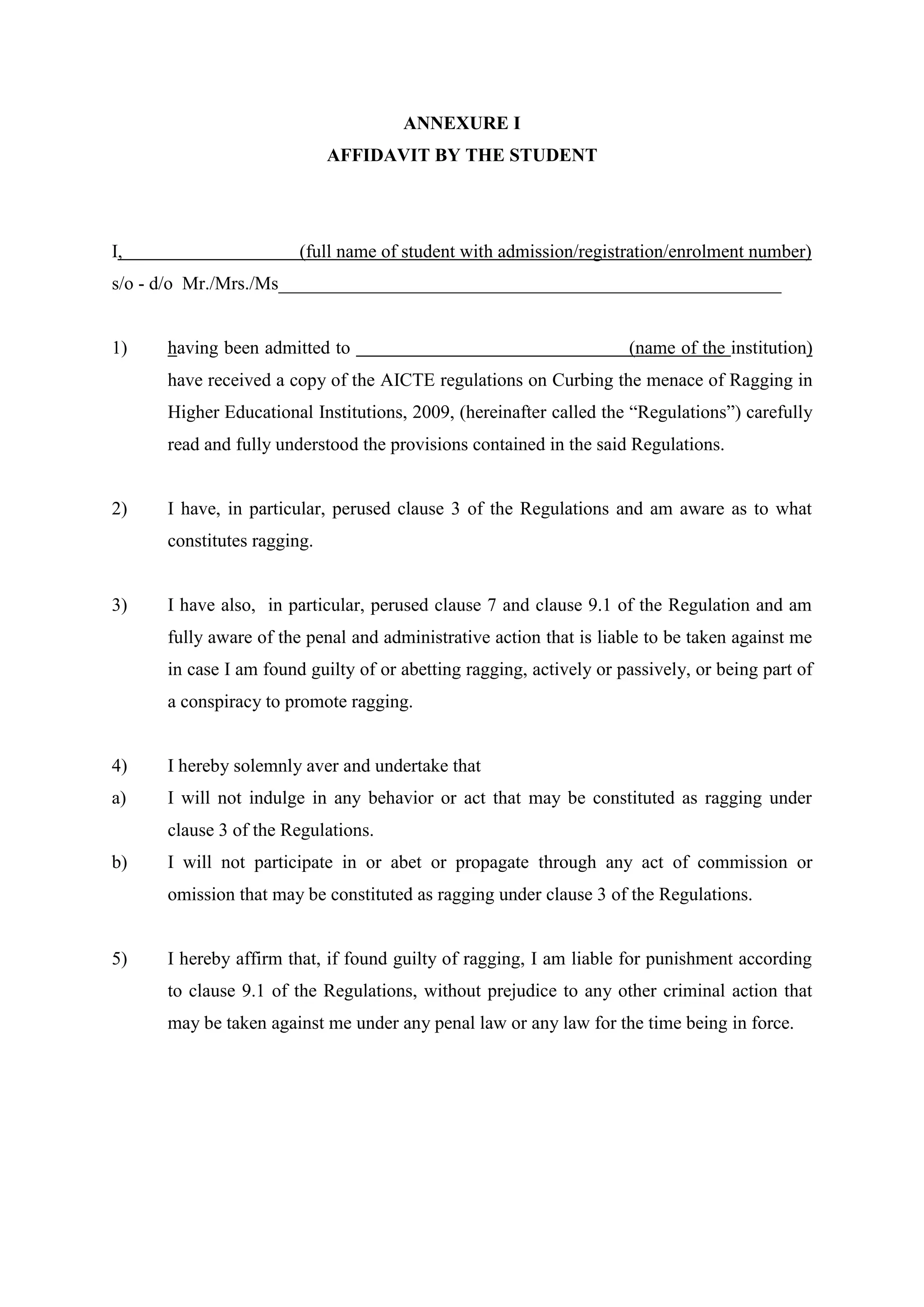Anti ragging affidavit | PDF