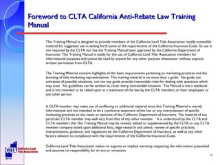 Foreword to CLTA California Anti-Rebate Law Training Manual ,[object Object],[object Object],[object Object],[object Object],[object Object],[object Object],[object Object]