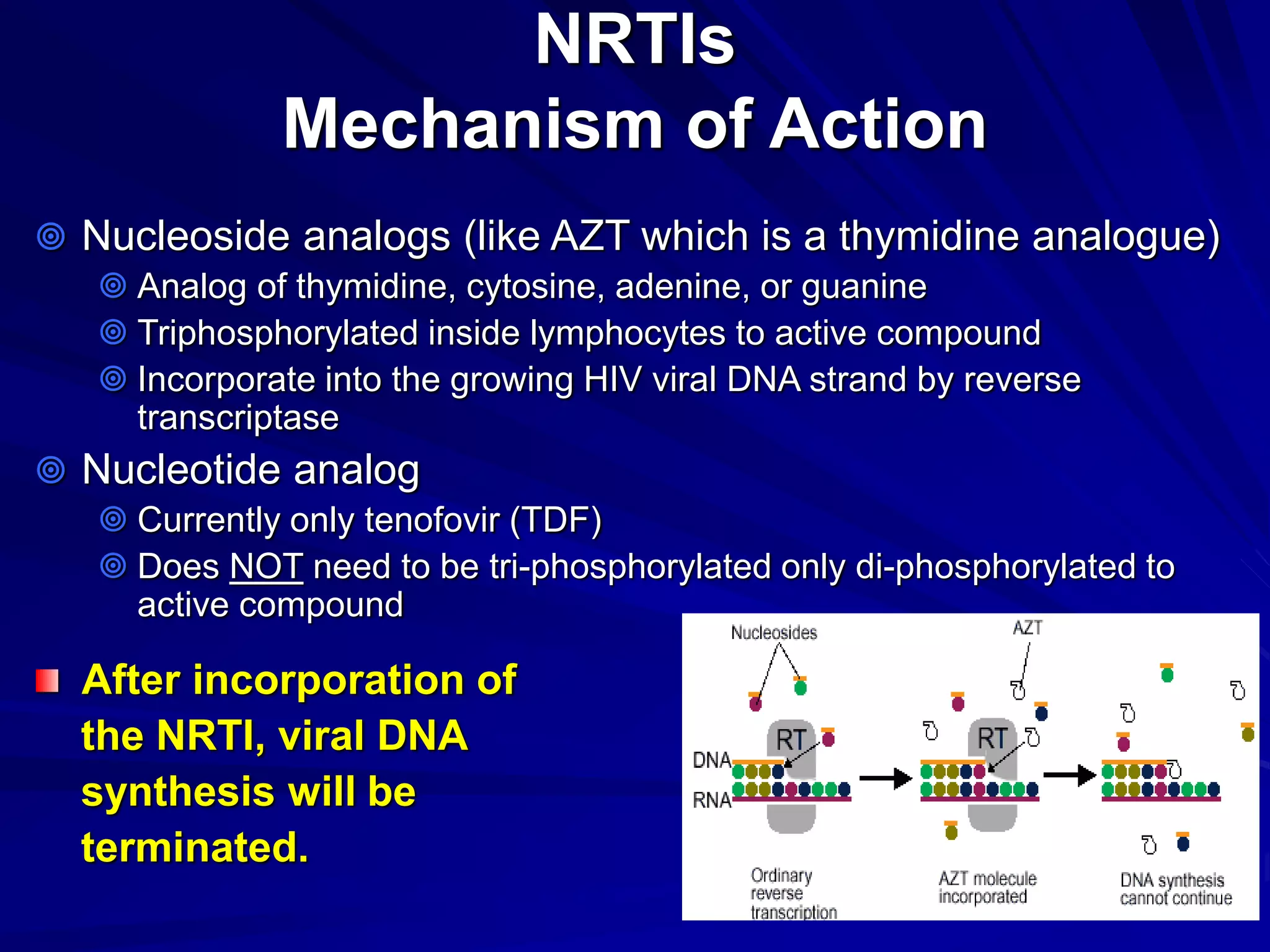 NRTIs
Mechanism of Action
 Nucleoside analogs (like AZT which is a thymidine analogue)
 Analog of thymidine, cytosine, adenine, or guanine
 Triphosphorylated inside lymphocytes to active compound
 Incorporate into the growing HIV viral DNA strand by reverse
transcriptase
 Nucleotide analog
 Currently only tenofovir (TDF)
 Does NOT need to be tri-phosphorylated only di-phosphorylated to
active compound
After incorporation of
the NRTI, viral DNA
synthesis will be
terminated.
 