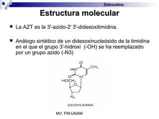 Zidovudina

              Estructura molecular
   La AZT es la 3'-azido-2' 3'-didesoxitimidina.

   Análogo sintético de un didesoxinucleósido de la timidina
    en el que el grupo 3'-hidroxi (-OH) se ha reemplazado
    por un grupo azido (-N3)




                     MV. FM-UNAM
 