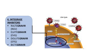 6. INTEGRASE
INHIBITORS
 RALTEGRAVIR
(RGV)
 ELVITEGRAVIR
(EVG)
 DOLUTEGRAVIR
(DTG)
 BICTEGRAVIR
19
 