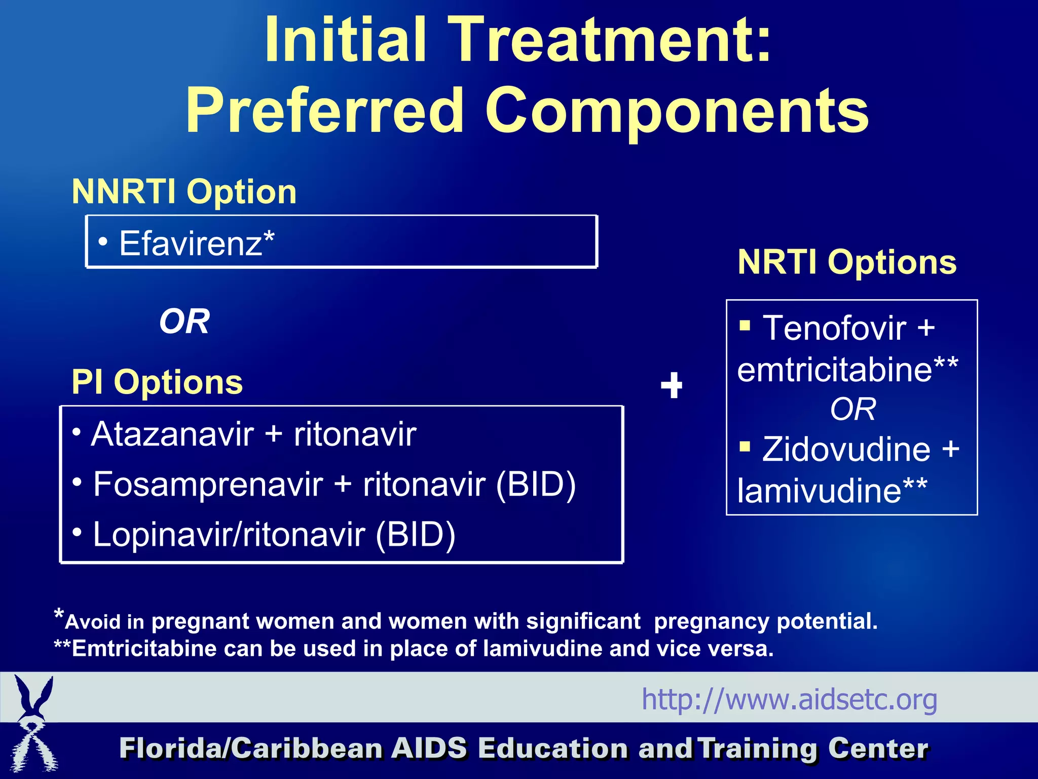 Initial Treatment:  Preferred Components * Avoid in  pregnant women and women with significant  pregnancy potential. **Emtricitabine can be used in place of lamivudine and vice versa. OR NNRTI Option PI Options Tenofovir + emtricitabine** OR Zidovudine + lamivudine** + NRTI Options http://www.aidsetc.org Efavirenz*  Atazanavir + ritonavir Fosamprenavir + ritonavir (BID) Lopinavir/ritonavir (BID) 