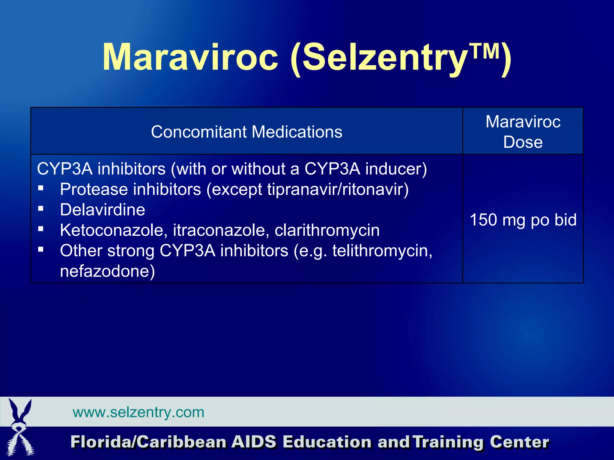 Maraviroc (Selzentry TM ) www.selzentry.com 150 mg po bid CYP3A inhibitors (with or without a CYP3A inducer) Protease inhibitors (except tipranavir/ritonavir) Delavirdine Ketoconazole, itraconazole, clarithromycin Other strong CYP3A inhibitors (e.g. telithromycin, nefazodone) Maraviroc Dose Concomitant Medications 