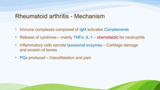 Rheumatoid arthritis - Mechanism
• Immune complexes composed of IgM activates Complements
• Release of cytokines – mainly TNFα, IL-1 – chemotactic for neutrophils
• Inflammatory cells secrete lysosomal enzymes – Cartilage damage
and erosion of bones
• PGs produced – Vasodilatation and pain
 