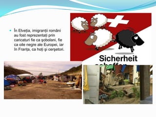  În Elveţia, imigranţii români
au fost reprezentaţi prin

caricaturi fie ca şobolani, fie
ca oile negre ale Europei, iar
în Franţa, ca hoţi şi cerşetori.

 