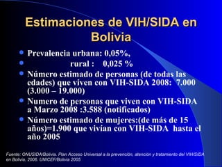 Estimaciones de VIH/SIDA en Bolivia ,[object Object],[object Object],[object Object],[object Object],[object Object],Fuente: ONUSIDA/Bolivia. Plan Acceso Universal a la prevención, atención y tratamiento del VIH/SIDA en Bolivia, 2006. UNICEF/Bolivia 2005 