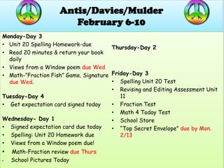 Antis/Davies/Mulder
                        February 6-10
Monday-Day 3
• Unit 20 Spelling Homework-due
                                       Thursday-Day 2
• Read 20 minutes & return your book
  daily
• Views from a Window poem due Wed
• Math-”Fraction Fish” Game. Signature Friday-Day 3
  due Wed.                             • Spelling Unit 20 Test
                                       • Revising and Editing Assessment Unit
Tuesday-Day 4                             11
• Get expectation card signed today    • Fraction Test
                                       • Math 4 Today Test
Wednesday- Day 1                       • School Store
• Signed expectation card due today    • “Top Secret Envelope” due by Mon.
• Spelling: Unit 20 Homework due          2/13
• Views from a Window poem due!
•   Math-Fraction review due Thurs.
•   School Pictures Today
 