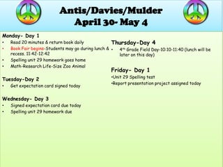 Antis/Davies/Mulder
                             April 30- May 4
Monday- Day 1
•   Read 20 minutes & return book daily             Thursday-Day 4
•   Book Fair begins-Students may go during lunch & • 4th Grade Field Day-10:10-11:40 (lunch will be
    recess. 11:42-12:42                               later on this day)
•   Spelling unit 29 homework goes home
•   Math-Research Life-Size Zoo Animal
                                                    Friday- Day 1
                                                    •Unit 29 Spelling test
Tuesday-Day 2
                                                    •Report presentation project assigned today
•   Get expectation card signed today


Wednesday- Day 3
•   Signed expectation card due today
•   Spelling unit 29 homework due
 