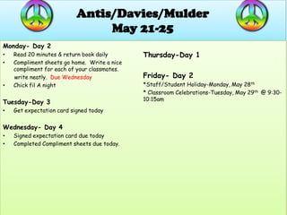 Antis/Davies/Mulder
                                May 21-25
Monday- Day 2
•   Read 20 minutes & return book daily       Thursday-Day 1
•   Compliment sheets go home. Write a nice
    compliment for each of your classmates.
    write neatly. Due Wednesday               Friday- Day 2
•   Chick fil A night                         *Staff/Student Holiday-Monday, May 28th
                                              * Classroom Celebrations-Tuesday, May 29th @ 9:30-
                                              10:15am
Tuesday-Day 3
•   Get expectation card signed today


Wednesday- Day 4
•   Signed expectation card due today
•   Completed Compliment sheets due today.
 