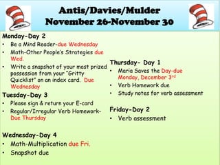 Antis/Davies/Mulder
                November 26-November 30
Monday-Day 2
• Be a Mind Reader-due Wednesday
• Math-Other People’s Strategies due
  Wed.
                                       Thursday- Day 1
• Write a snapshot of your most prized
  possession from your “Gritty         • Maria Saves the Day-due
  Quicklist” on an index card. Due       Monday, December 3rd
  Wednesday                            • Verb Homework due
Tuesday-Day 3                          • Study notes for verb assessment
•   Please sign & return your E-card
•   Regular/Irregular Verb Homework-   Friday-Day 2
    Due Thursday                       • Verb assessment

Wednesday-Day 4
• Math-Multiplication due Fri.
• Snapshot due
 