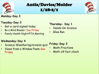 Antis/Davies/Mulder
                           1/28-2/1
Monday-Day 2

Tuesday-Day 3
                                      Thursday- Day 1
• Get e-card signed today
                                      • Hands-On Science
•   Be a Mind Reader: Due Friday
                                      • Glow Run
•   Family Health Night/PTA Meeting


Wednesday-Day 4
• Science-Weathering/erosion quiz Friday-Day 2
• Views from a Window Poem-due    • Math-Fractions
  Friday                          • Math-x9 fact check
 