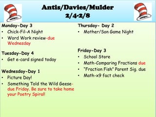 Antis/Davies/Mulder
                        2/4-2/8
Monday-Day 3                         Thursday- Day 2
• Chick-Fil-A Night                  • Mother/Son Game Night
• Word Work review-due
  Wednesday
                                     Friday-Day 3
Tuesday-Day 4
                                     • School Store
• Get e-card signed today
                                     • Math-Comparing Fractions due
Wednesday-Day 1                      • “Fraction Fish” Parent Sig. due
• Picture Day!                       • Math-x9 fact check
• Something Told the Wild Geese-
  due Friday. Be sure to take home
  your Poetry Spiral!
 