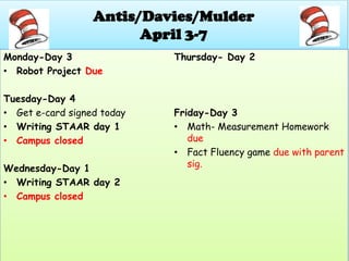 Antis/Davies/Mulder
                        April 3-7
Monday-Day 3                Thursday- Day 2
• Robot Project Due

Tuesday-Day 4
• Get e-card signed today   Friday-Day 3
• Writing STAAR day 1       • Math- Measurement Homework
• Campus closed                due
                            • Fact Fluency game due with parent
Wednesday-Day 1                sig.
• Writing STAAR day 2
• Campus closed
 