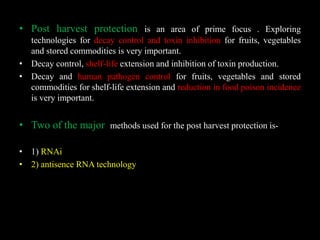• Post harvest protection is an area of prime focus . Exploring
technologies for decay control and toxin inhibition for fruits, vegetables
and stored commodities is very important.
• Decay control, shelf-life extension and inhibition of toxin production.
• Decay and human pathogen control for fruits, vegetables and stored
commodities for shelf-life extension and reduction in food poison incidence
is very important.
• Two of the major methods used for the post harvest protection is-
• 1) RNAi
• 2) antisence RNA technology
 