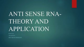 ANTI SENSE RNA-
THEORY AND
APPLICATIONKAVYA G
18LS301010
MSC BIOTECHNOLOGY
 