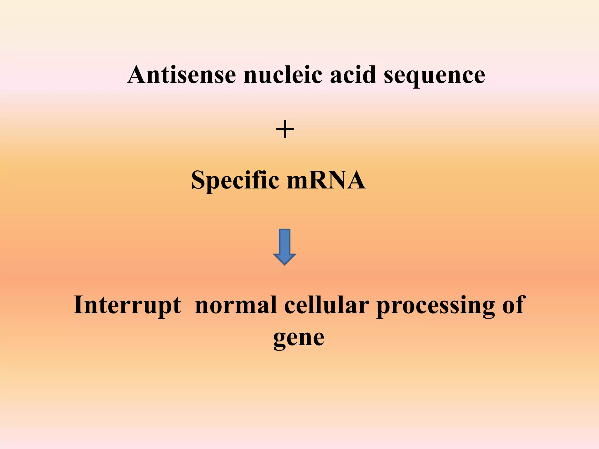 Antisense nucleic acid sequence
+
Specific mRNA
Interrupt normal cellular processing of
gene
 
