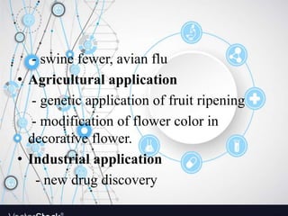 - swine fewer, avian flu
• Agricultural application
- genetic application of fruit ripening
- modification of flower color in
decorative flower.
• Industrial application
- new drug discovery
 