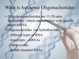 What is Antisense Oligonucleotides
• Oligodeoxynucleotides are 15-20 units
nucleotides, which can hybridize with specific
target mRNA.
• Oligonucleotides can hybridize with
- different types of RNA
- transcripts – mRNAs
- intron-exons
- double stranded RNAs
 