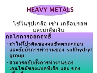 ยาฆ่าเชื้อ 24
HEAVY METALS
กลไกการออกฤทธิ์
•ทำาให้โปรตีนของจุลชีพตกตะกอน
และยับยั้งการทำางานของ sulfhydryl
group
•สามารถยับยั้งการทำางานของ
เอนไซม์ของแบคทีเรีย และ ของ
ใช้ในรูปเกลือ เช่น เกลือปรอท
และเกลือเงิน
 