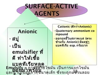 ยาฆ่าเชื้อ 38
SURFACE-ACTIVE
AGENTS
Anionic
•สบู่
•เป็น
emulsifier ที่
ดี ทำาให้เชื้อ
แบคทีเรียหลุด
ออกมาพร้อม
Cationic (ดีกว่าAnionic)
•Quaternary ammonium co
mpound
•ออกฤทธิ์ในสภาพเบส (ตรง
ข้ามกับ Anionic) มีผลฆ่า
แบคทีเรีย esp. กรัมบวก
Emulsify = การสลายไขมัน เป็นการแยกไขมัน
และนำ้าเป็นอนุภาคขนาดเล็ก ซึ่งจะถูกแขวนลอย
 