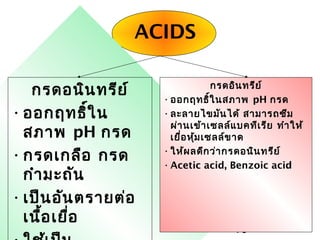 ยาฆ่าเชื้อ 40
ACIDS
กรดอนินทรีย์
•ออกฤทธิ์ใน
สภาพ pH กรด
•กรดเกลือ กรด
กำามะถัน
•เป็นอันตรายต่อ
เนื้อเยื่อ
กรดอินทรีย์
•ออกฤทธิ์ในสภาพ pH กรด
•ละลายไขมันได้ สามารถซึม
ผ่านเข้าเซลล์แบคทีเรีย ทำาให้
เยื่อหุ้มเซลล์ขาด
•ให้ผลดีกว่ากรดอนินทรีย์
•Acetic acid, Benzoic acid
 