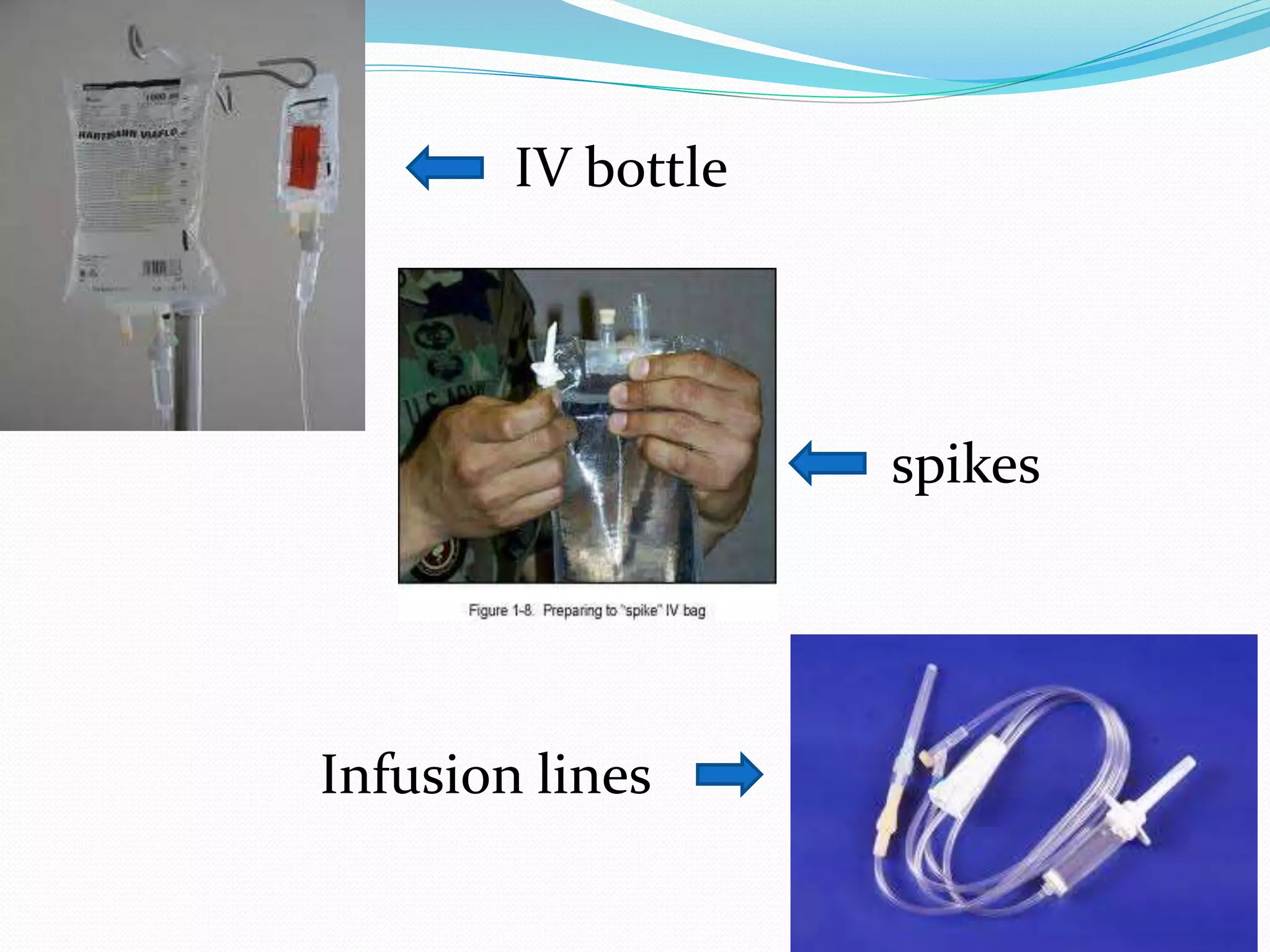 Infusion lines
spikes
IV bottle
 