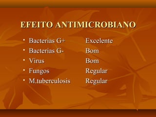 EFEITO ANTIMICROBIANO
   Bacterias G+     Excelente
   Bacterias G-     Bom
   Virus            Bom
   Fungos           Regular
   M.tuberculosis   Regular
 