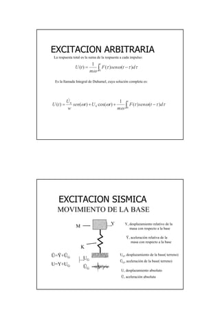 17
EXCITACION ARBITRARIAEXCITACION ARBITRARIA
La respuesta total es la suma de la respuesta a cada impulso:
∫ −=
t
dtsenF
m
tU
0
)()(
1
)( ττωτ
ω
Es la llamada Integral de Duhamel, cuya solución completa es:
∫ −++=
t
dtsenF
m
tUtsen
w
U
tU
0
0
0
)()(
1
)cos()()( ττωτ
ω
ωω
&
EXCITACION SISMICAEXCITACION SISMICA
K
M
Y
ÜG
UG
UG, desplazamiento de la base( terreno)
ÜG, aceleración de la base( terreno)
Y, desplazamiento relativo de la
masa con respecto a la base
Ü=Ÿ+ÜG
U=Y+UG
Ÿ, aceleración relativa de la
masa con respecto a la base
U, desplazamiento absoluto
Ü, aceleración absoluta
MOVIMIENTO DE LA BASEMOVIMIENTO DE LA BASE
 