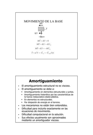 18
MOVIMIENTO DE LA BASEMOVIMIENTO DE LA BASE
Y
KY
MÜ
0=+ KYUM &&
GUMKYYM &&&& −=+
GKUKUUM =+&&
)(0
2
tfUUYY GG
&&&&&& −=−=+ω
AmortiguamientoAmortiguamiento
ElEl amortiguamientoamortiguamiento estructuralestructural nono eses viscosoviscoso..
ElEl amortiguamientoamortiguamiento sese debedebe a:a:
AmortiguamientoAmortiguamiento enen elementoselementos estructuralesestructurales y juntas.y juntas.
AmortiguamientoAmortiguamiento histerhisterééticotico porpor laslas caractercaracteríísticassticas dede
lala fuerzafuerza restauradorarestauradora elastoelasto--plpláásticastica..
EnEn elementoselementos nono estructuralesestructurales..
PorPor disipacidisipacióónn dede energenergííaa en elen el terrenoterreno..
LosLos mecanismosmecanismos nono estestáánn bienbien entendidosentendidos..
DificultadDificultad parapara incluirloincluirlo exactamenteexactamente enen laslas
ecuacionesecuaciones dede movimientomovimiento..
DificultadDificultad computacionalcomputacional en laen la solucisolucióónn..
SusSus efectosefectos usualmenteusualmente sonson aproximadosaproximados
mediantemediante unun amortiguadoramortiguador viscosoviscoso..
 