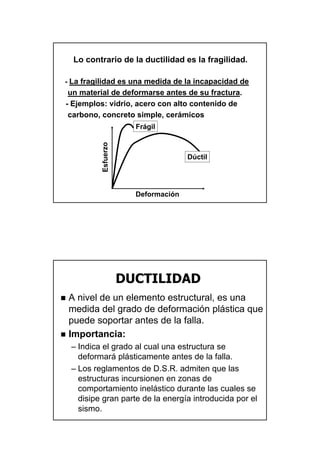 31
LoLo contrariocontrario de lade la ductilidadductilidad eses lala fragilidadfragilidad..
- La fragilidad es una medida de la incapacidad de
un material de deformarse antes de su fractura.
- Ejemplos: vidrio, acero con alto contenido de
carbono, concreto simple, cerámicos
Dúctil
Frágil
Esfuerzo
Deformación
AA nivelnivel de unde un elementoelemento estructuralestructural,, eses unauna
medidamedida deldel gradogrado dede deformacideformacióónn plpláásticastica queque
puedepuede soportarsoportar antes de laantes de la fallafalla..
ImportanciaImportancia::
–– IndicaIndica elel gradogrado alal cualcual unauna estructuraestructura sese
deformardeformaráá plpláásticamentesticamente antes de laantes de la fallafalla..
–– LosLos reglamentosreglamentos de D.S.R.de D.S.R. admitenadmiten queque laslas
estructurasestructuras incursionenincursionen enen zonaszonas dede
comportamientocomportamiento inelineláásticostico durantedurante laslas cualescuales sese
disipedisipe grangran parteparte de lade la energenergííaa introducidaintroducida porpor elel
sismosismo..
DUCTILIDADDUCTILIDAD
 