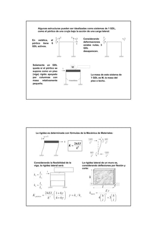 5
Solamente un GDL
queda si el pórtico se
supone como un piso
(viga) rígido apoyado
por columnas con
masa relativamente
pequeña.
1
2
6
5
4
3
1
2
3
Algunas estructuras pueden ser idealizadas como sistemas de 1 GDL,
como el pórtico de una crujía bajo la acción de una carga lateral:
En estática, el
pórtico tiene 6
GDL activos.
Considerando
deformaciones
axiales nulas, 3
GDL
desaparecen.
La masa de este sistema de
1 GDL es M, la masa del
piso o techo.
1 m
rigid beam
massless
M
1=u
k
1
3
12
L
EI
2
6
L
EI
3
12
L
EI
2
6
L
EI
La rigidez es determinada con fórmulas de la Mecánica de Materiales:
3
24
L
EI
K =
Considerando la flexibilidad de la
viga, la rigidez lateral será:
M
1 m
rigid beam
massless
cv
c
pórtico kk
h
EI
K /
64
6124
3
=





+
+
= γ
γ
γ






+





=
l
h
l
h
tE
kmuro
34
3
v
v
v
L
I
k =
c
c
c
L
I
k =
La rigidez lateral de un muro es,
considerando deflexiones por flexión y
corte:
hh
tt
ll
 