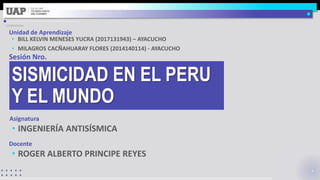 Asignatura
Docente
Sesión Nro.
Unidad de Aprendizaje
SISMICIDAD EN EL PERU
Y EL MUNDO
• INGENIERÍA ANTISÍSMICA
• ROGER ALBERTO PRINCIPE REYES
• BILL KELVIN MENESES YUCRA (2017131943) – AYACUCHO
• MILAGROS CACÑAHUARAY FLORES (2014140114) - AYACUCHO
 