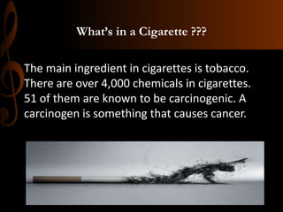 What’s in a Cigarette ???
The main ingredient in cigarettes is tobacco.
There are over 4,000 chemicals in cigarettes.
51 of them are known to be carcinogenic. A
carcinogen is something that causes cancer.
 