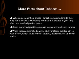 More Facts about Tobacco…
 When a person inhale smoke , tar is being created inside their
lung, Tar is a black slow moving material that creates in your lung
when you inhale cigarette smoke.
 Gases found in cigarette can cause lung cancer and even tumors.
 When tobacco is smoked a white sticky material builds up in to
your artery , which could to heart attacks , heart diseases and even
stroke.
 