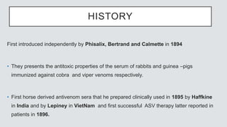 HISTORY
First introduced independently by Phisalix, Bertrand and Calmette in 1894
• They presents the antitoxic properties of the serum of rabbits and guinea –pigs
immunized against cobra and viper venoms respectively.
• First horse derived antivenom sera that he prepared clinically used in 1895 by Haffkine
in India and by Lepiney in VietNam and first successful ASV therapy latter reported in
patients in 1896.
 