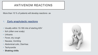 ANTIVENOM REACTIONS
More than 10 % of patients will develop reactions as
1. Early anaphylactic reactions
• Usually within 10-180 mts of starting ASV
• Itch (often over scalp)
• Urticaria
• Fever, dry cough
• Nausea, Vomiting
• Abdominal colic, Diarrhea
• Tachycardia
• Shaking chills
 