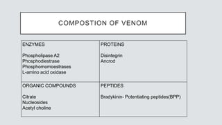 COMPOSTION OF VENOM
ENZYMES
Phospholipase A2
Phosphodiestrase
Phosphomomoestrases
L-amino acid oxidase
PROTEINS
Disintegrin
Ancrod
ORGANIC COMPOUNDS
Citrate
Nucleosides
Acetyl choline
PEPTIDES
Bradykinin- Potentiating peptides(BPP)
 