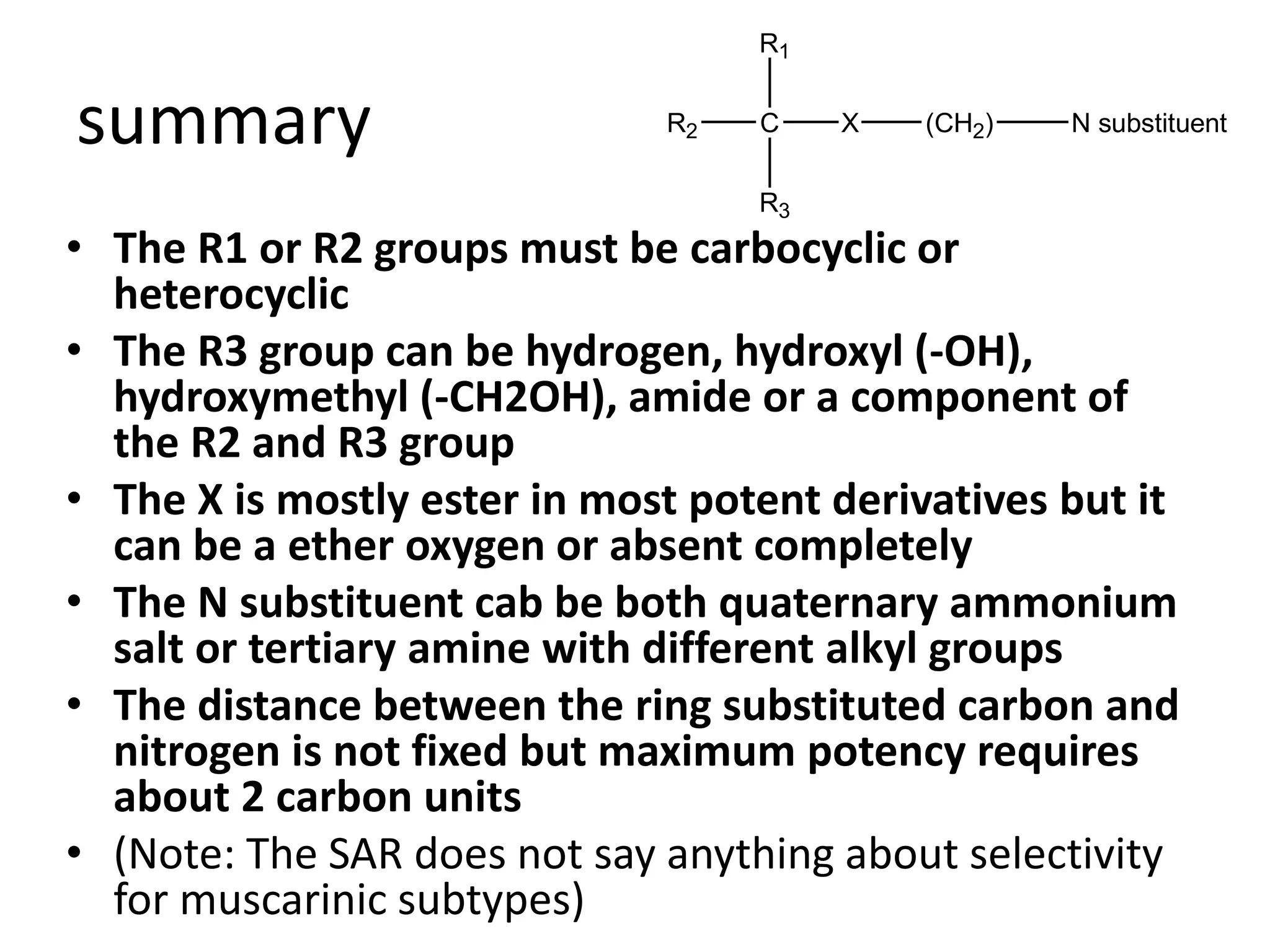 summary 
R1 
• The R1 or R2 groups must be carbocyclic or 
heterocyclic 
• The R3 group can be hydrogen, hydroxyl (-OH), 
hydroxymethyl (-CH2OH), amide or a component of 
the R2 and R3 group 
• The X is mostly ester in most potent derivatives but it 
can be a ether oxygen or absent completely 
• The N substituent cab be both quaternary ammonium 
salt or tertiary amine with different alkyl groups 
• The distance between the ring substituted carbon and 
nitrogen is not fixed but maximum potency requires 
about 2 carbon units 
• (Note: The SAR does not say anything about selectivity 
for muscarinic subtypes) 
C X (CH2) N substituent 
R3 
R2 
 
